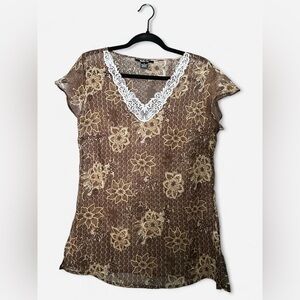 Style&Co Brown floral lace top with white lace trim Size 10